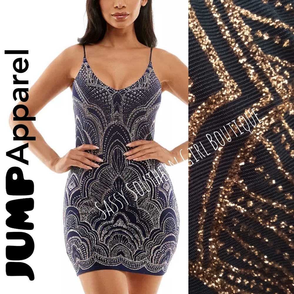 🆕⭐ JUMP Apparel navy blue and rose gold glitter mini dress